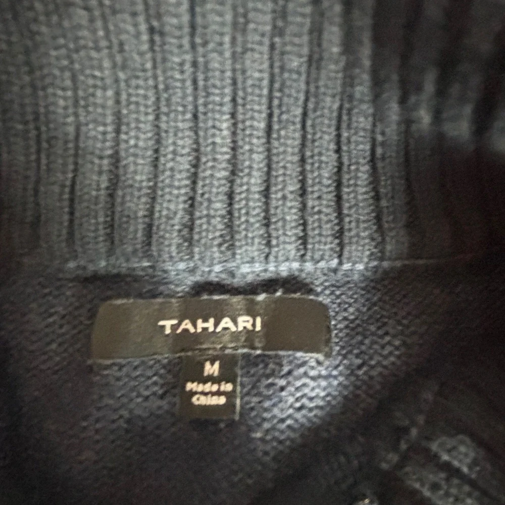 Tahari Mens Quarter Zip Sweater Blue Black Striped 100%‎ Cotton Mock Neck Medium